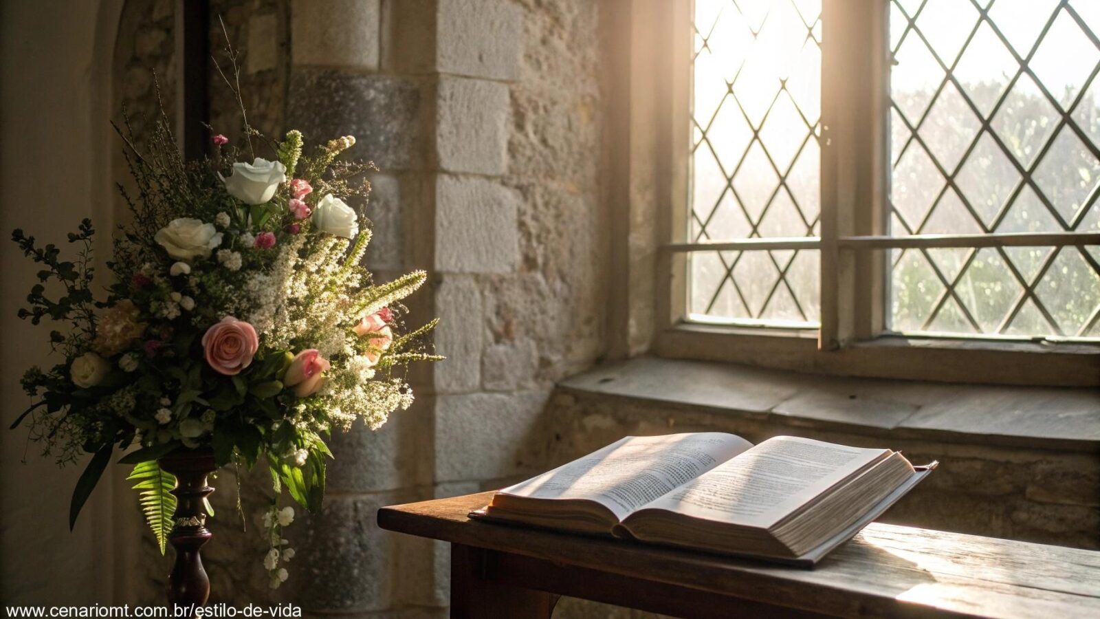 Luz suave da manhã entrando por uma janela de igreja antiga com uma Bíblia aberta sobre a mesa