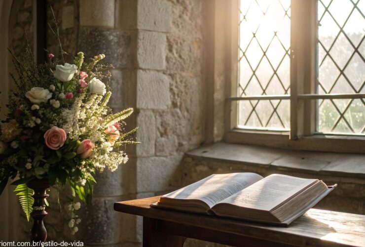 Luz suave da manhã entrando por uma janela de igreja antiga com uma Bíblia aberta sobre a mesa