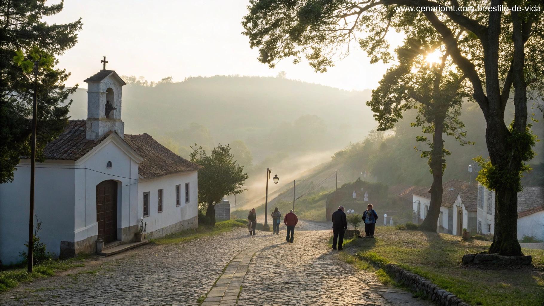Vilarejo sereno ao amanhecer com fiéis reunidos perto de uma capela