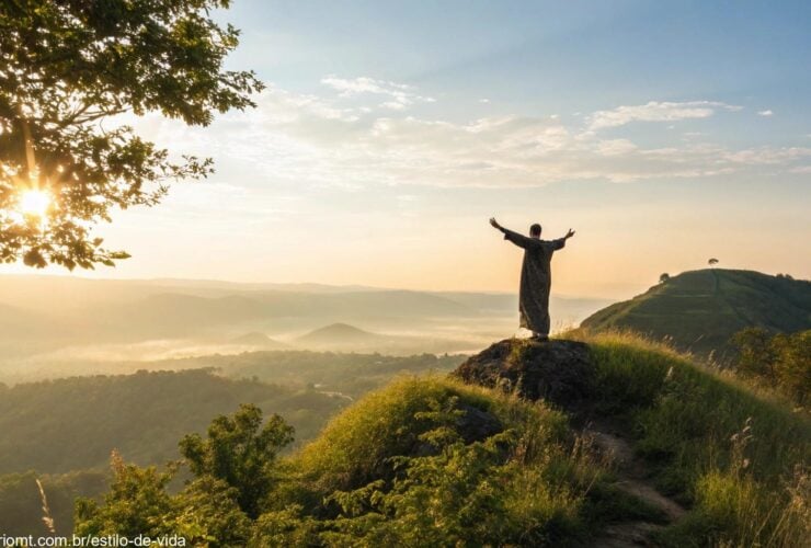 Cena bíblica pacífica ao amanhecer com figura humilde em oração