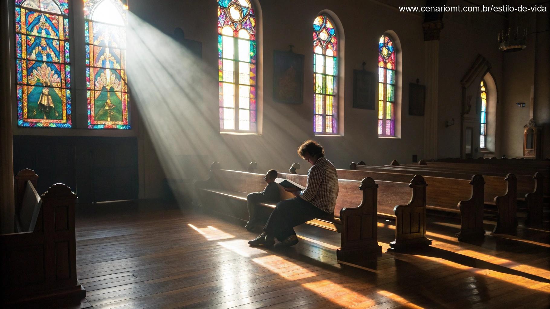 Pessoa orando em silêncio com a Bíblia aberta dentro de uma igreja iluminada