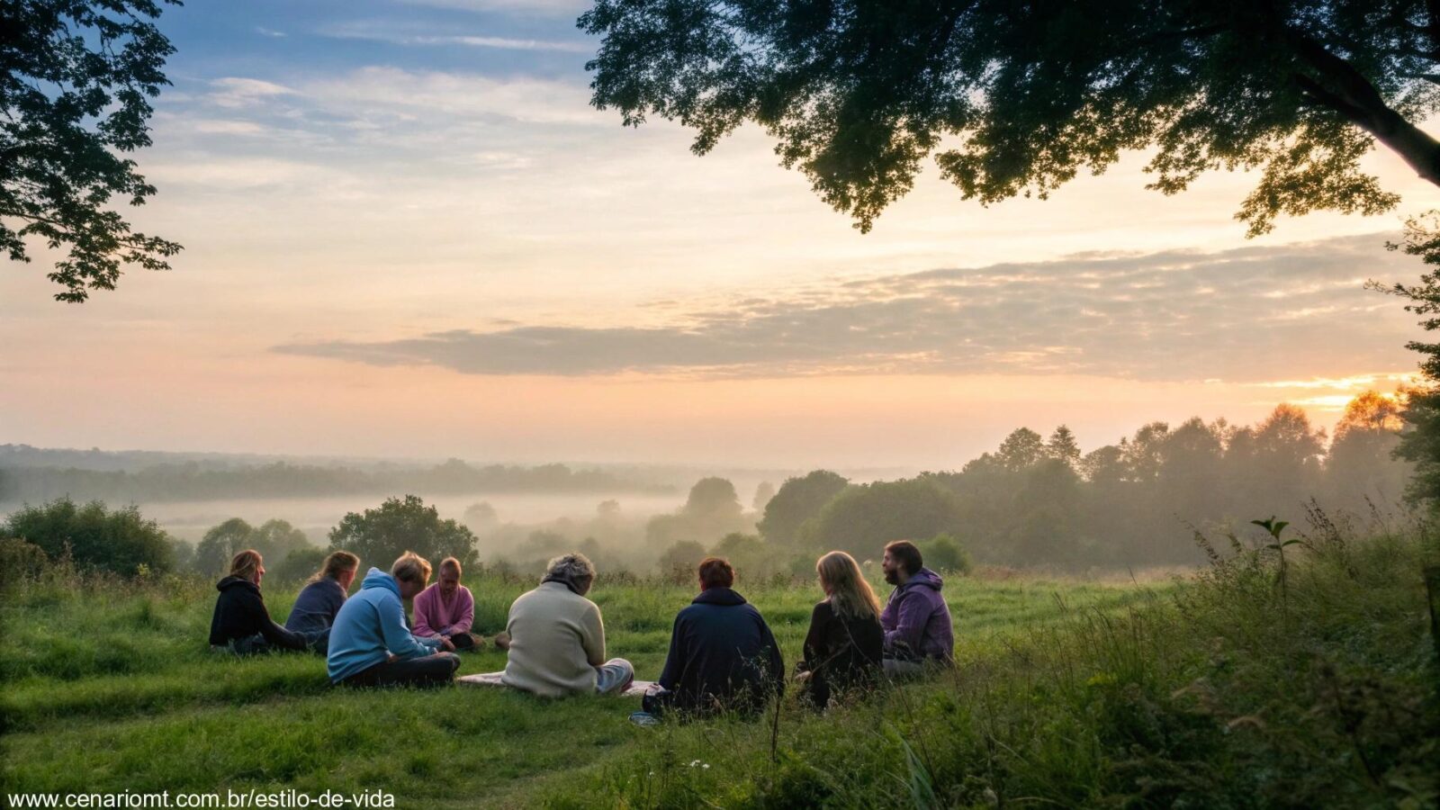 Grupo lendo a Bíblia ao amanhecer em um ambiente natural