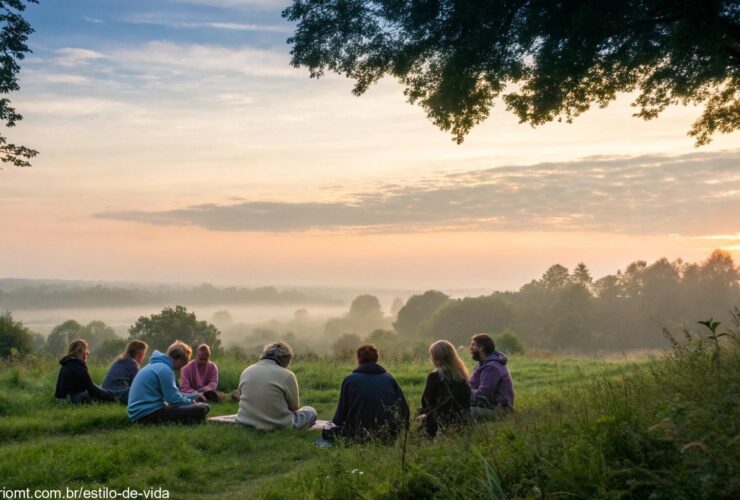 Grupo lendo a Bíblia ao amanhecer em um ambiente natural