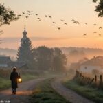 Pessoa caminhando ao amanhecer com uma lanterna em um vilarejo tranquilo, representando a mensagem que transforma corações