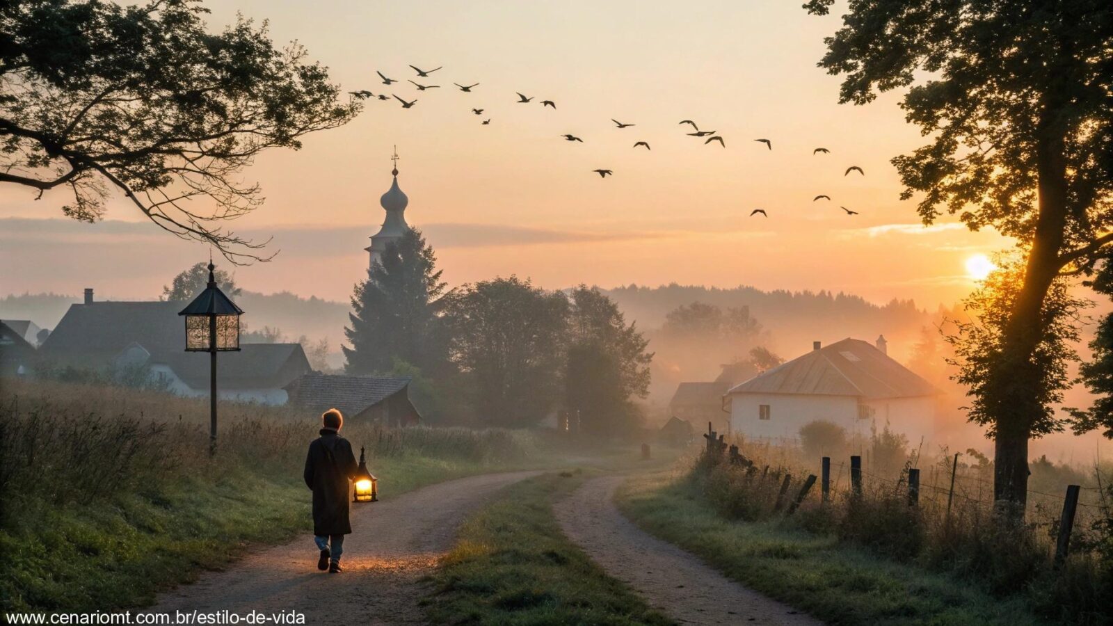 Pessoa caminhando ao amanhecer com uma lanterna em um vilarejo tranquilo, representando a mensagem que transforma corações