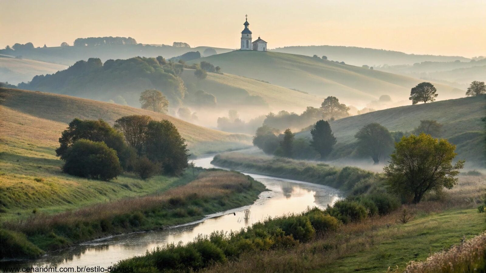 Paisagem tranquila com colinas suaves, um rio fluindo suavemente e uma igreja distante no topo de uma colina, simbolizando paz e reflexão para o Evangelho do Dia.