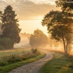 Paisagem serena ao amanhecer com luz dourada suave iluminando um caminho através de uma floresta tranquila