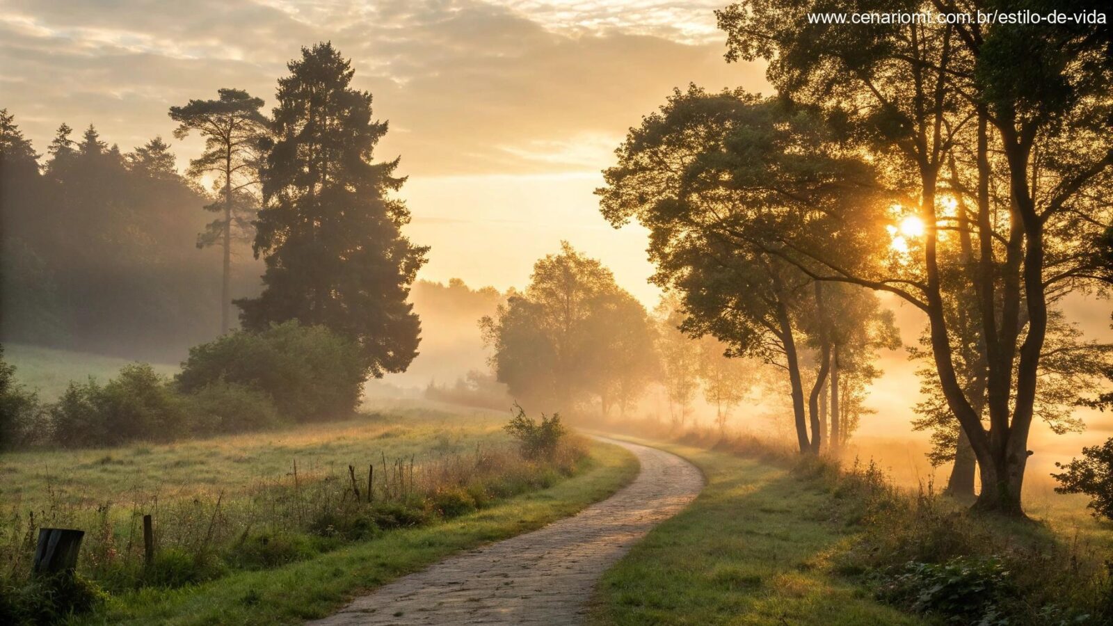 Paisagem serena ao amanhecer com luz dourada suave iluminando um caminho através de uma floresta tranquila