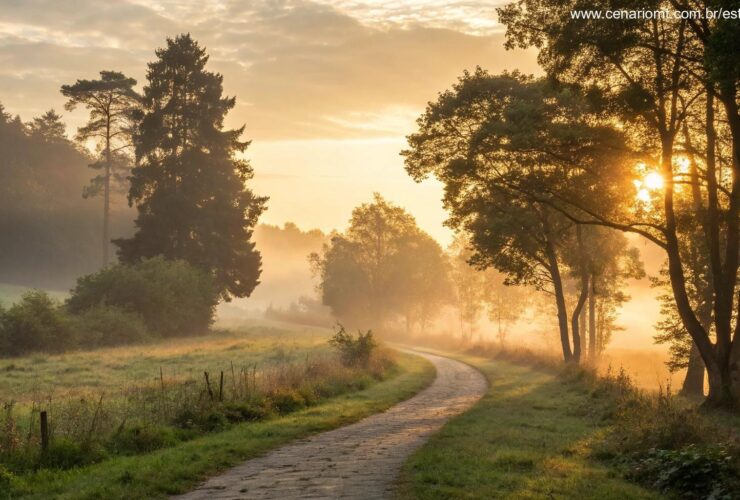 Paisagem serena ao amanhecer com luz dourada suave iluminando um caminho através de uma floresta tranquila