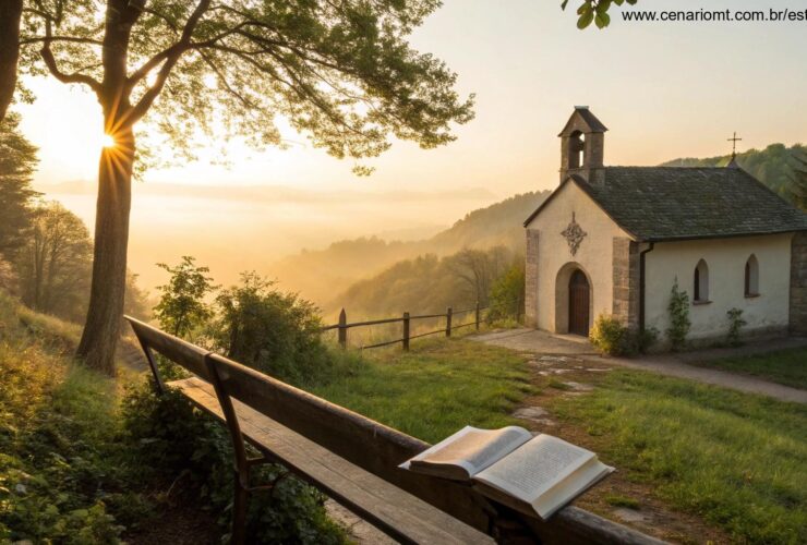 Nascer do sol tranquilo sobre uma capela no campo, com luz dourada suave entre as árvores e uma Bíblia aberta em um banco de madeira