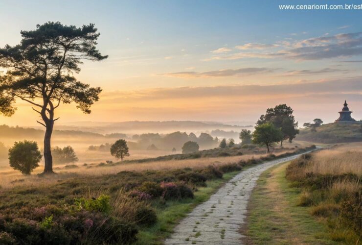 Paisagem serena e tranquila, com luz suave e céu claro, transmitindo reflexão e paz, com elementos espirituais sutis como um amanhecer suave ou um caminho silencioso.