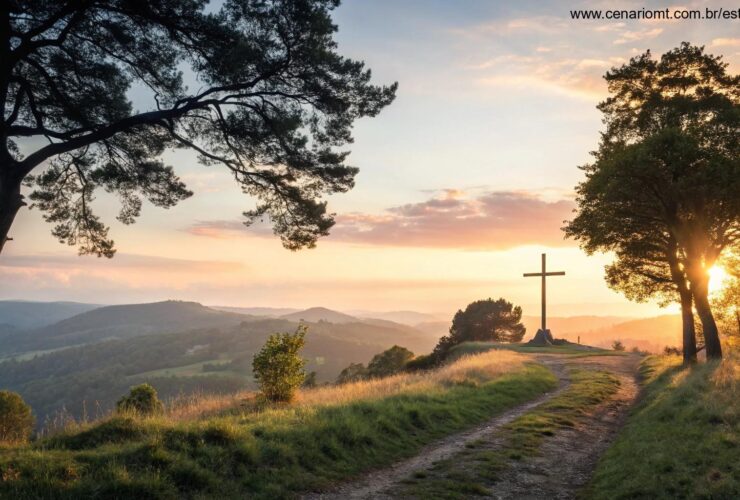 Paisagem serena ao nascer do sol com um caminho que leva a uma cruz distante, simbolizando reflexão e mensagem divina