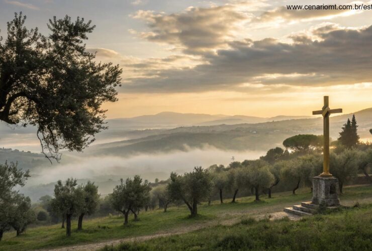 Paisagem serena ao amanhecer com uma cruz dourada brilhando suavemente no meio de oliveiras