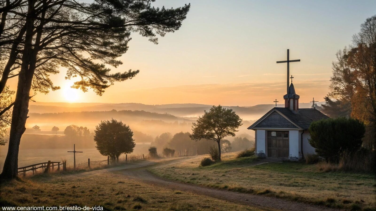 Imagem de uma capela rural ao amanhecer representando o Evangelho do dia com reflexão e mensagem de fé