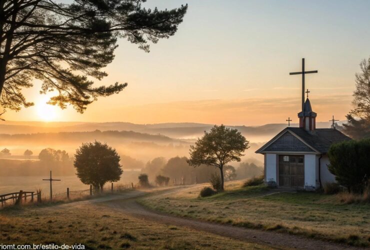 Imagem de uma capela rural ao amanhecer representando o Evangelho do dia com reflexão e mensagem de fé