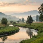 Reflexão sobre o Evangelho do Dia: Sexta-feira 25/04/2025 - Uma cena tranquila do campo, com luz suave e um riacho sereno, transmitindo paz e espiritualidade.