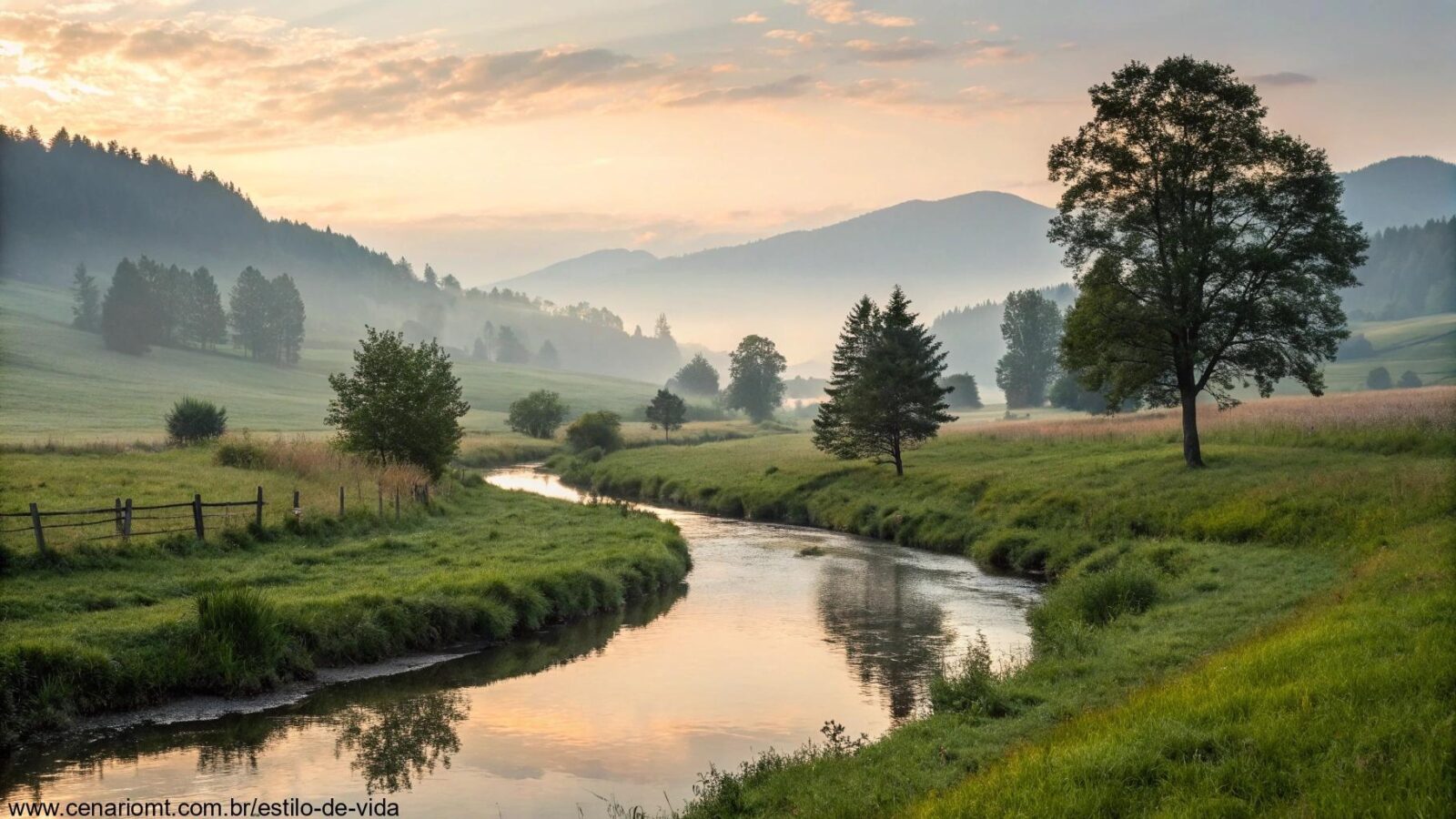 Reflexão sobre o Evangelho do Dia: Sexta-feira 25/04/2025 - Uma cena tranquila do campo, com luz suave e um riacho sereno, transmitindo paz e espiritualidade.