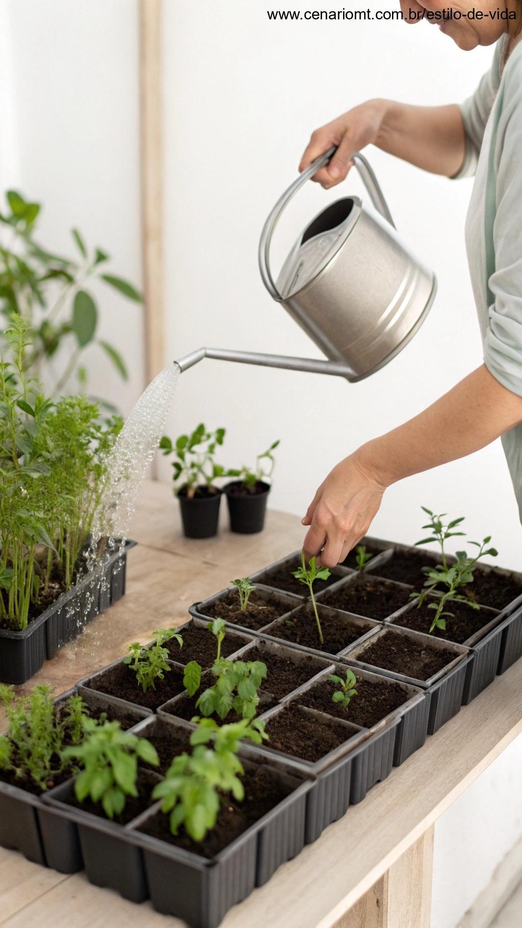 regando plantas com cuidado para não encharcar