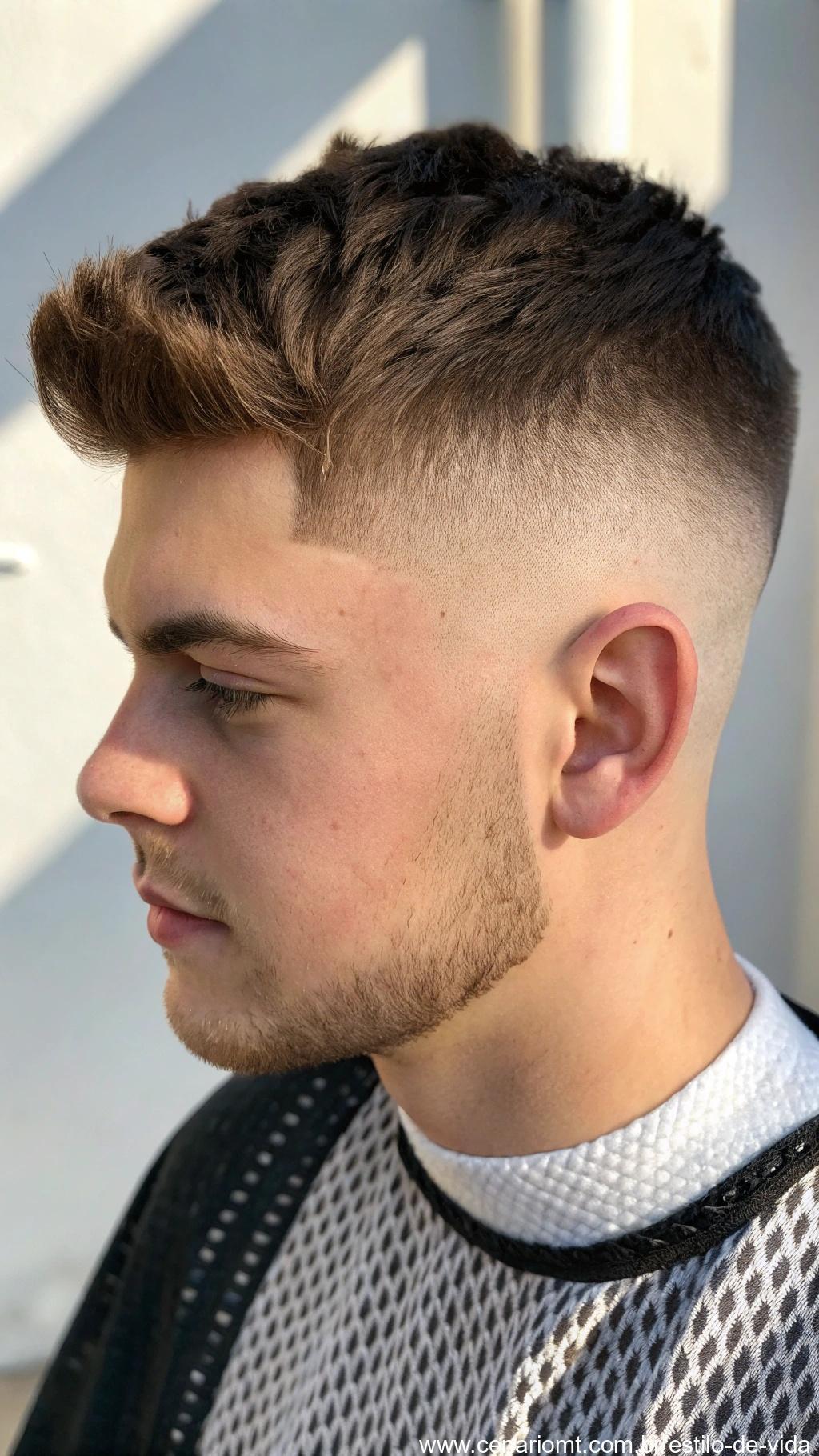 Corte masculino com fade baixo e textura no topo