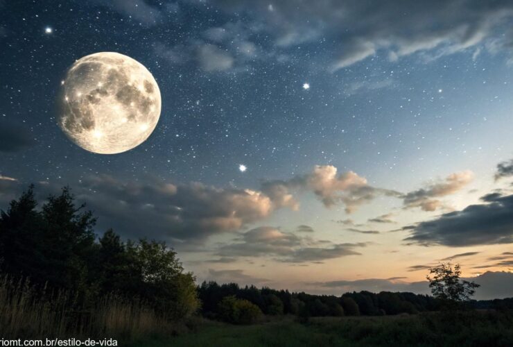 Céu noturno com a Lua Gibosa Minguante visível entre nuvens finas e estrelas