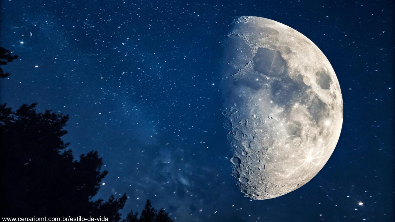 Imagem da fase da Lua Minguante, com a metade direita iluminada contra um céu estrelado azul.