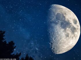 Imagem da fase da Lua Minguante, com a metade direita iluminada contra um céu estrelado azul.