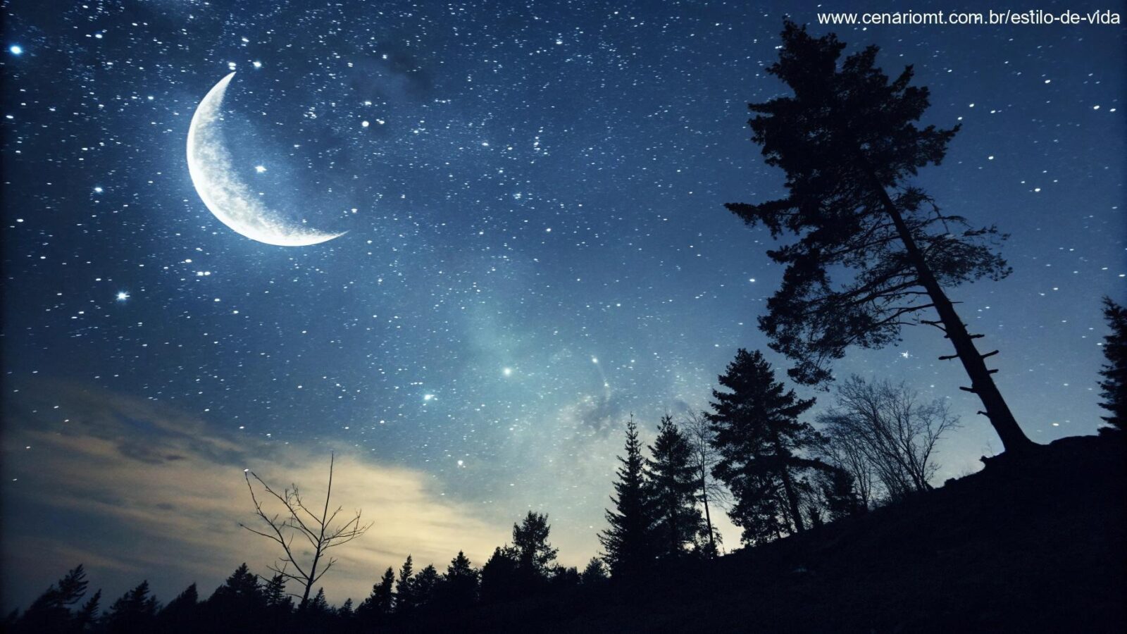 Céu noturno sereno com uma lua crescente brilhante cercada por estrelas cintilantes