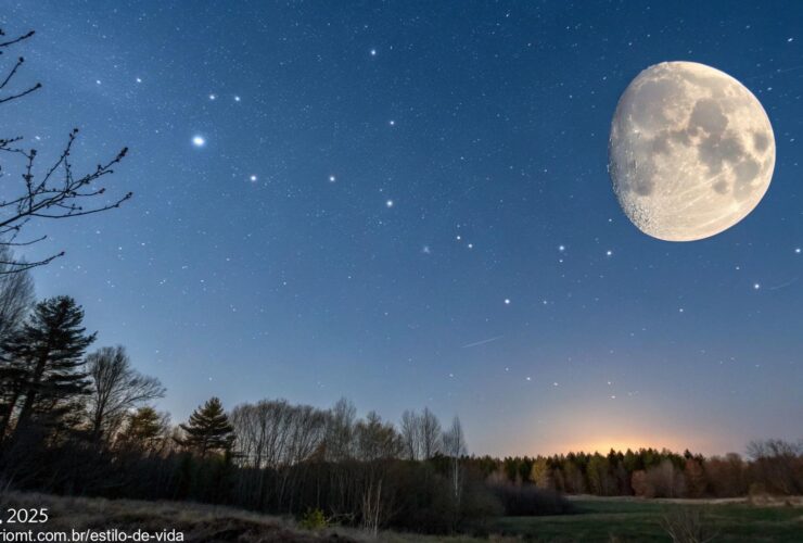 Céu noturno com a fase da lua visível nesta sexta-feira, 18 de abril de 2025