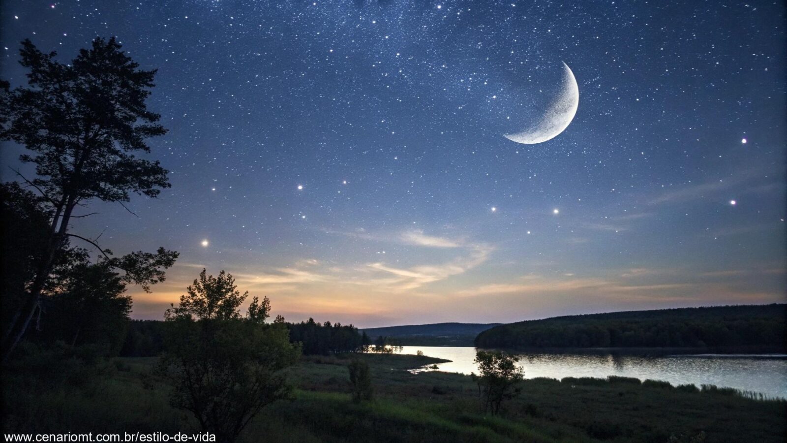 Cena tranquila mostrando a lua minguante em um céu estrelado com uma paisagem calma abaixo, representando a energia tranquila desta fase lunar.
