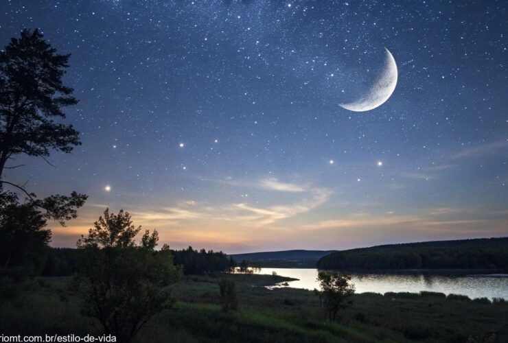 Cena tranquila mostrando a lua minguante em um céu estrelado com uma paisagem calma abaixo, representando a energia tranquila desta fase lunar.