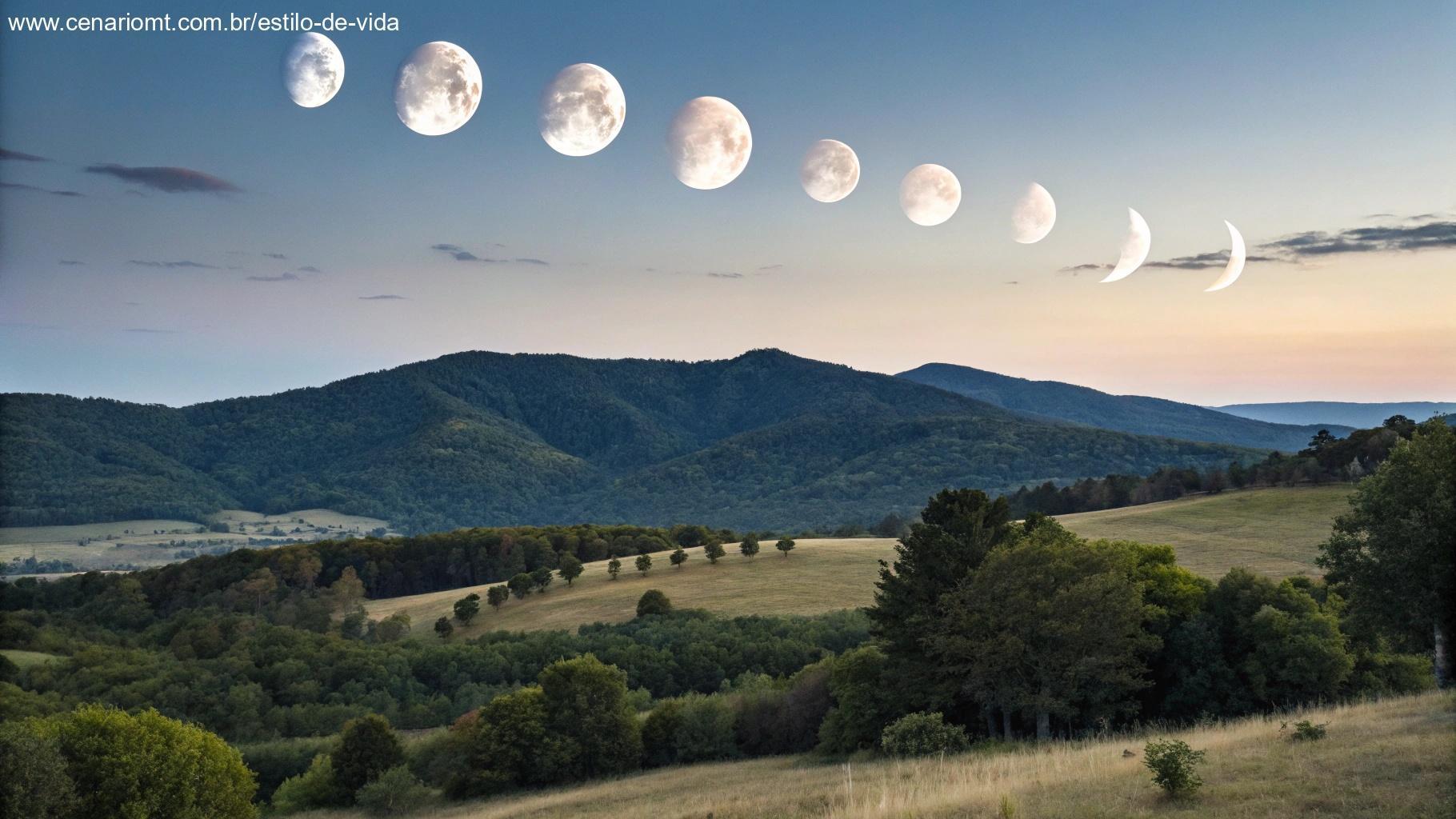 Fases anteriores da lua ilustradas no céu com paisagem natural ao fundo
