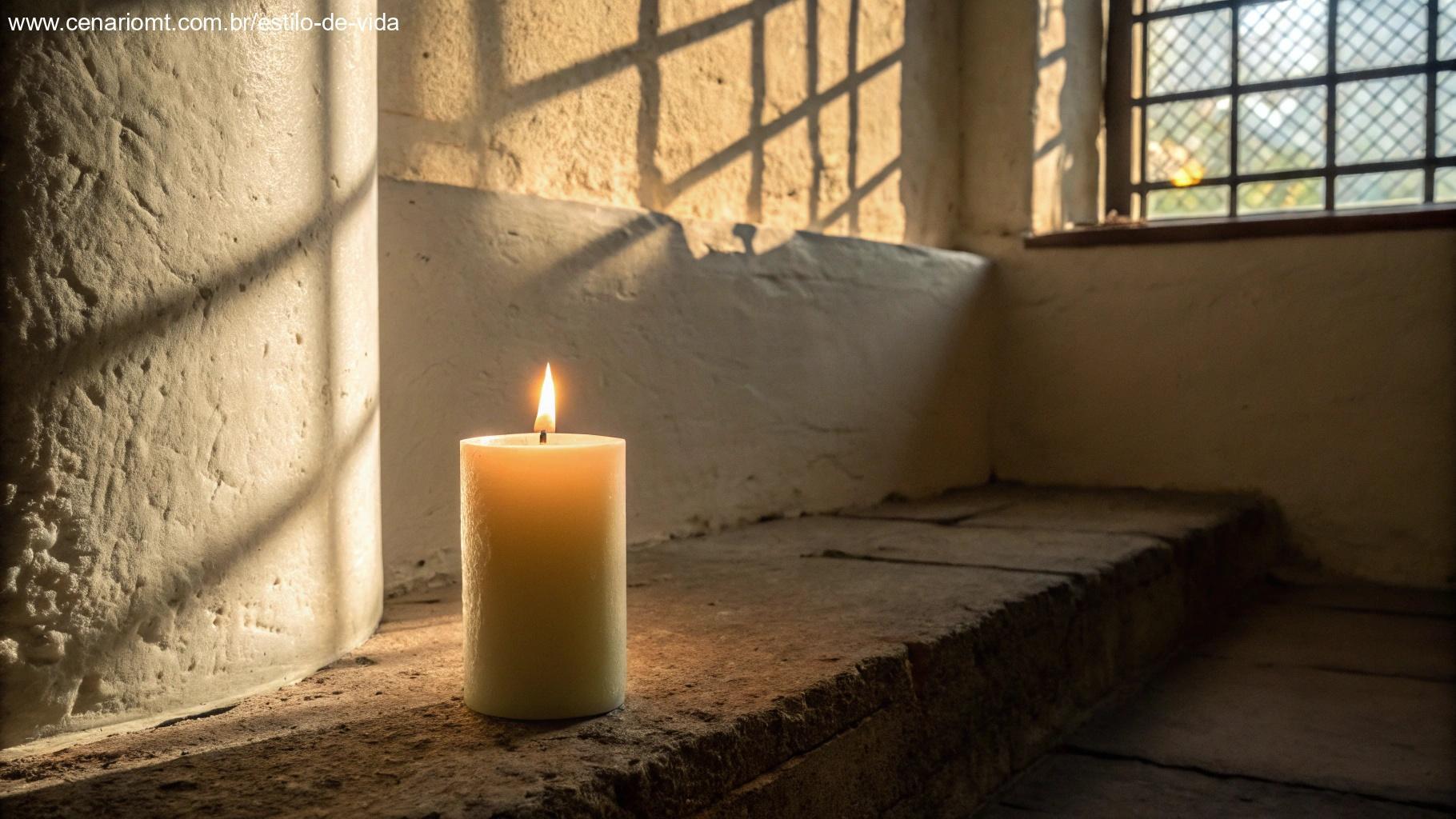 Uma única vela queimando intensamente em um espaço silencioso e meditativo, com luz suave projetando sombras delicadas