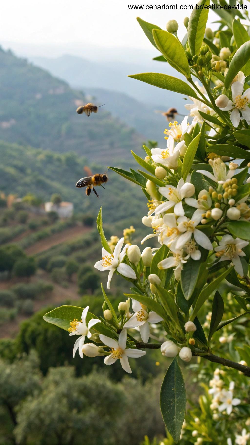 Flor de laranjeira com abelhas ao redor