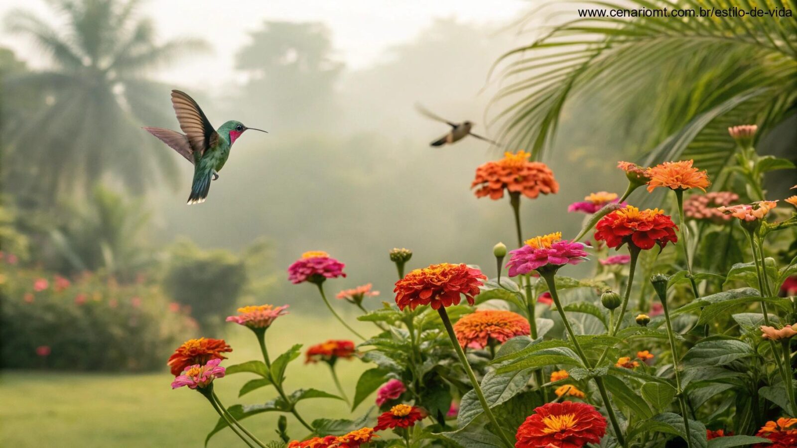 Flores que atraem beija-flores e borboletas em um jardim encantador