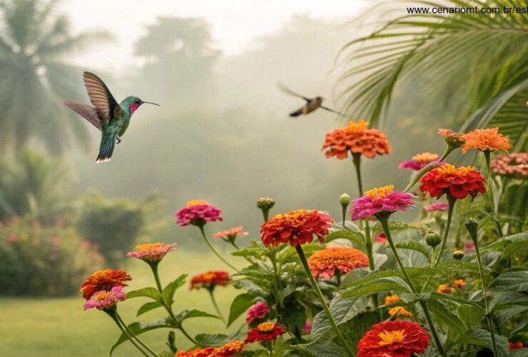Flores que atraem beija-flores e borboletas em um jardim encantador