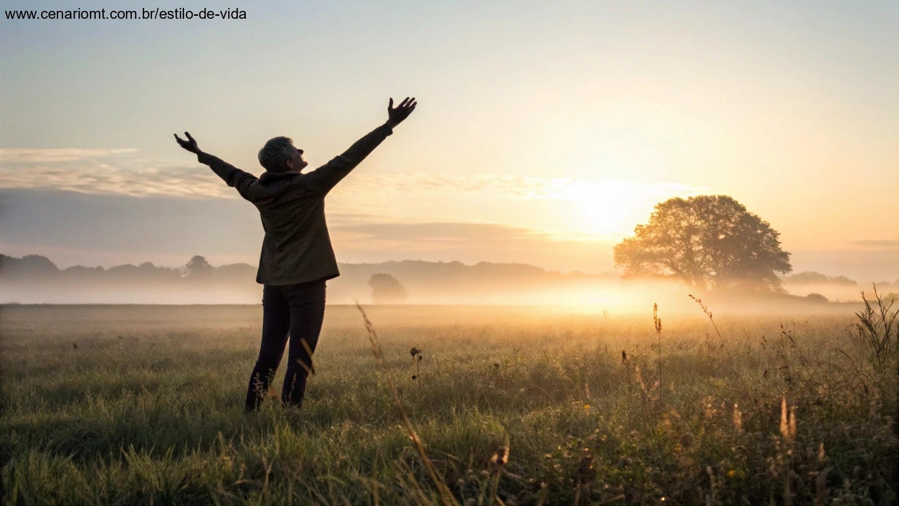 Pessoa de braços erguidos ao nascer do sol simbolizando comunhão com Deus
