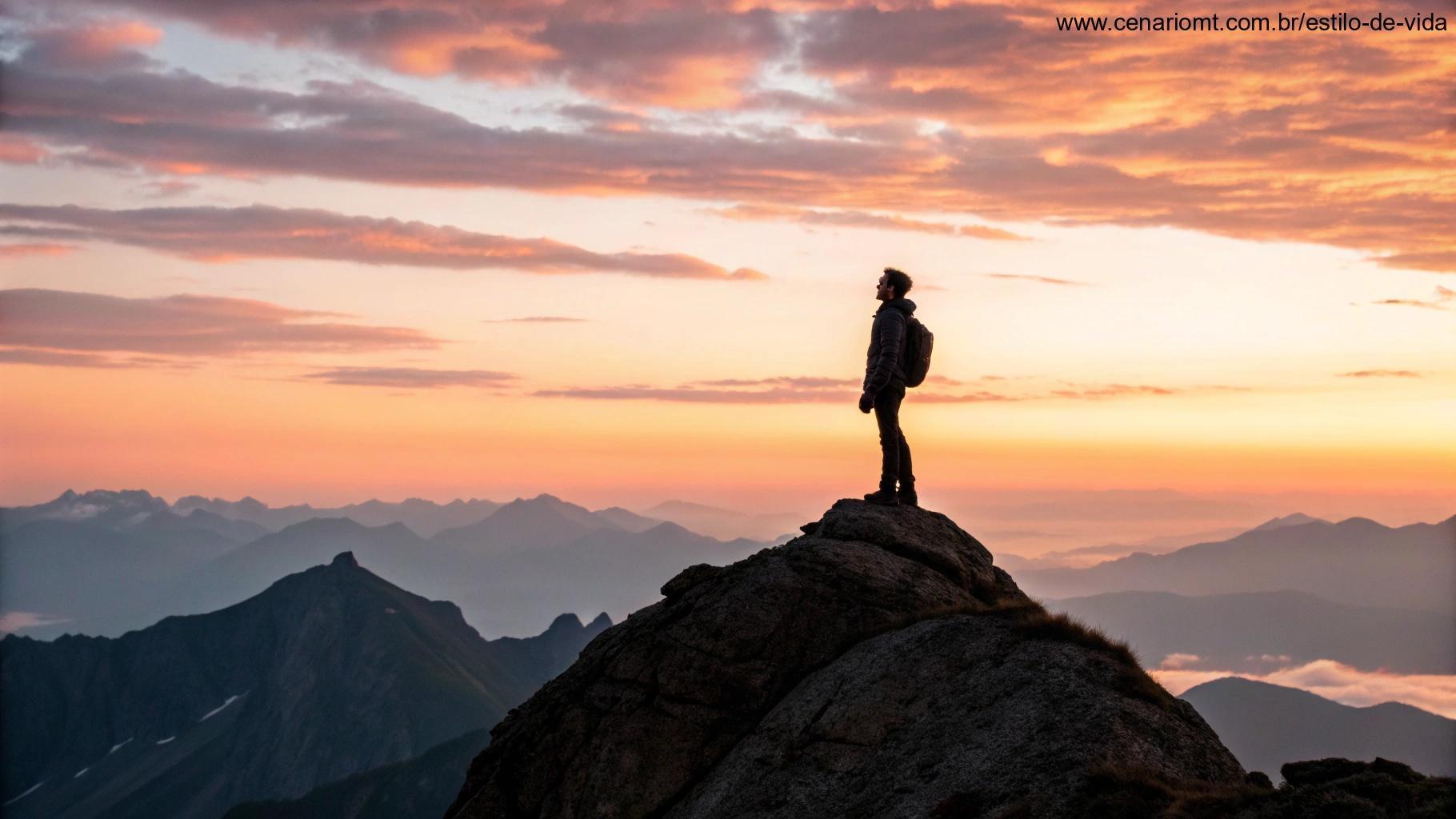 Imagem de uma pessoa no topo de uma montanha ao amanhecer, olhando para o horizonte com uma sensação de força e fé.