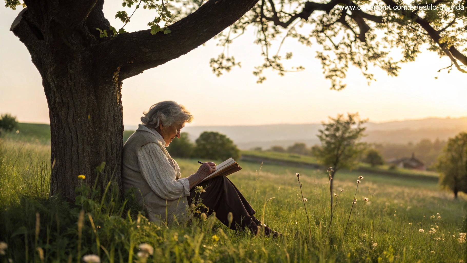Pessoa idosa lendo a Bíblia sob uma árvore em um campo tranquilo