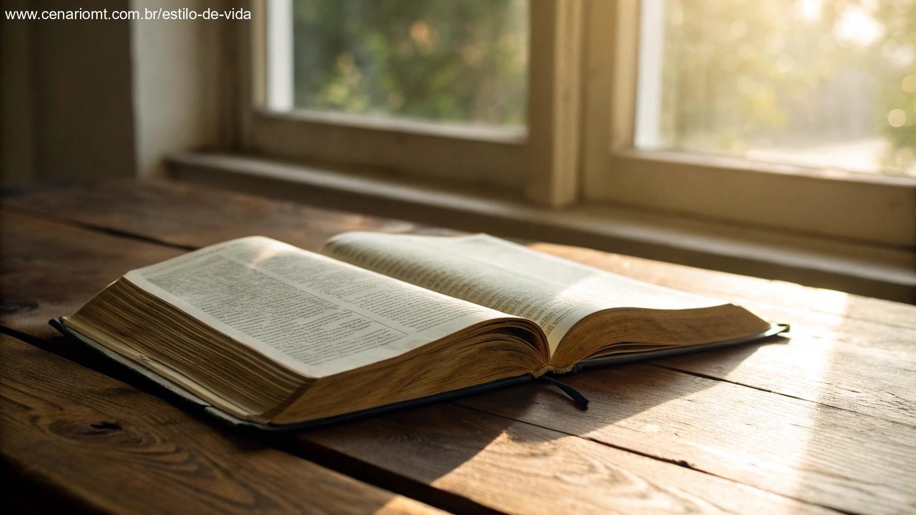 Livro aberto em uma mesa de madeira, simbolizando a reflexão espiritual.