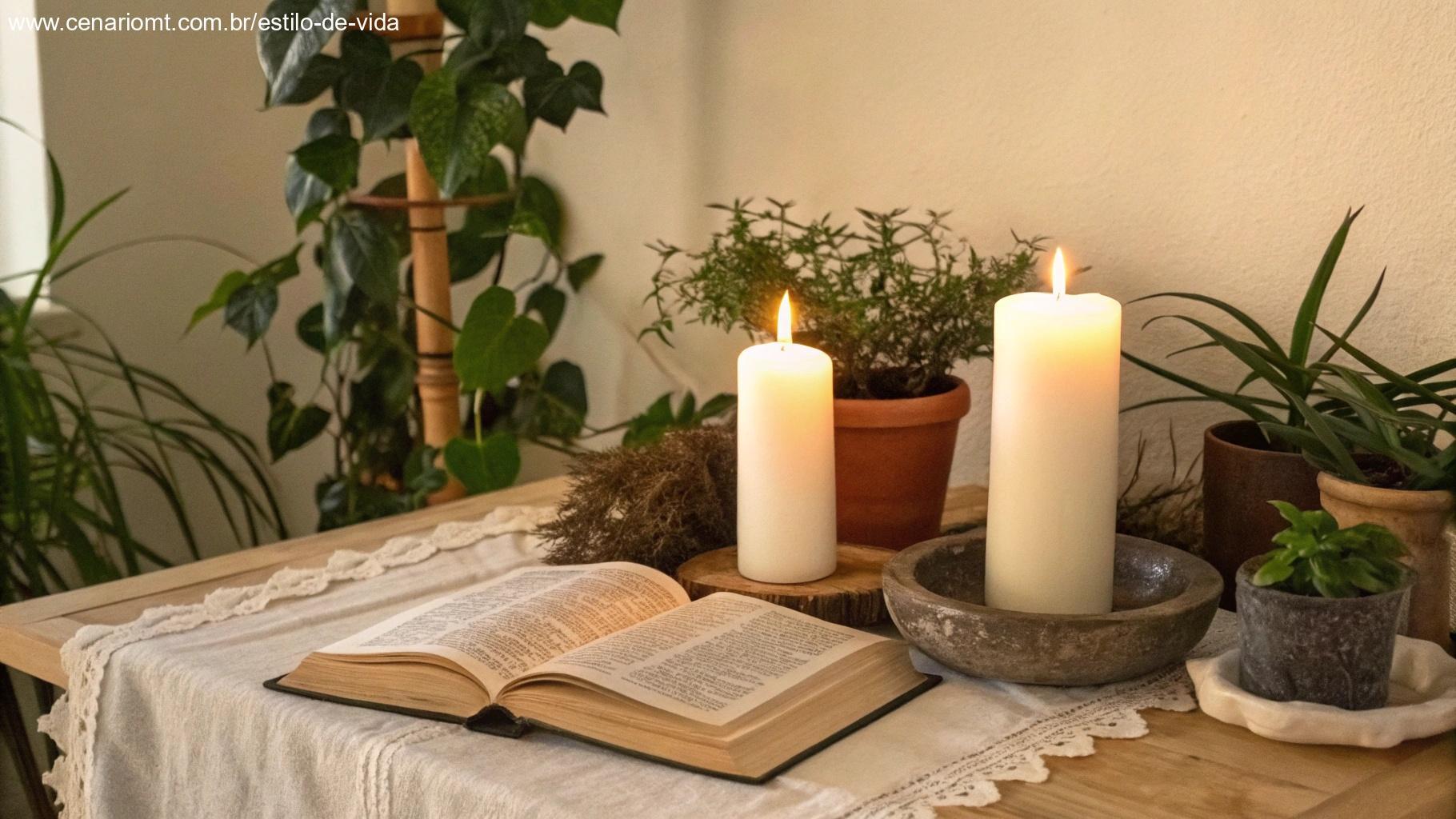 Altar caseiro com bíblia, velas e plantas simbolizando espiritualidade diária
