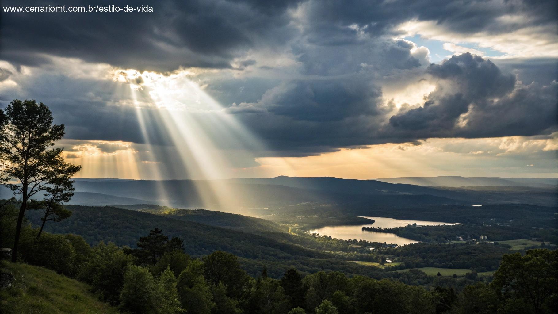 Luz do sol atravessando nuvens sobre um vale como símbolo de fé fortalecida