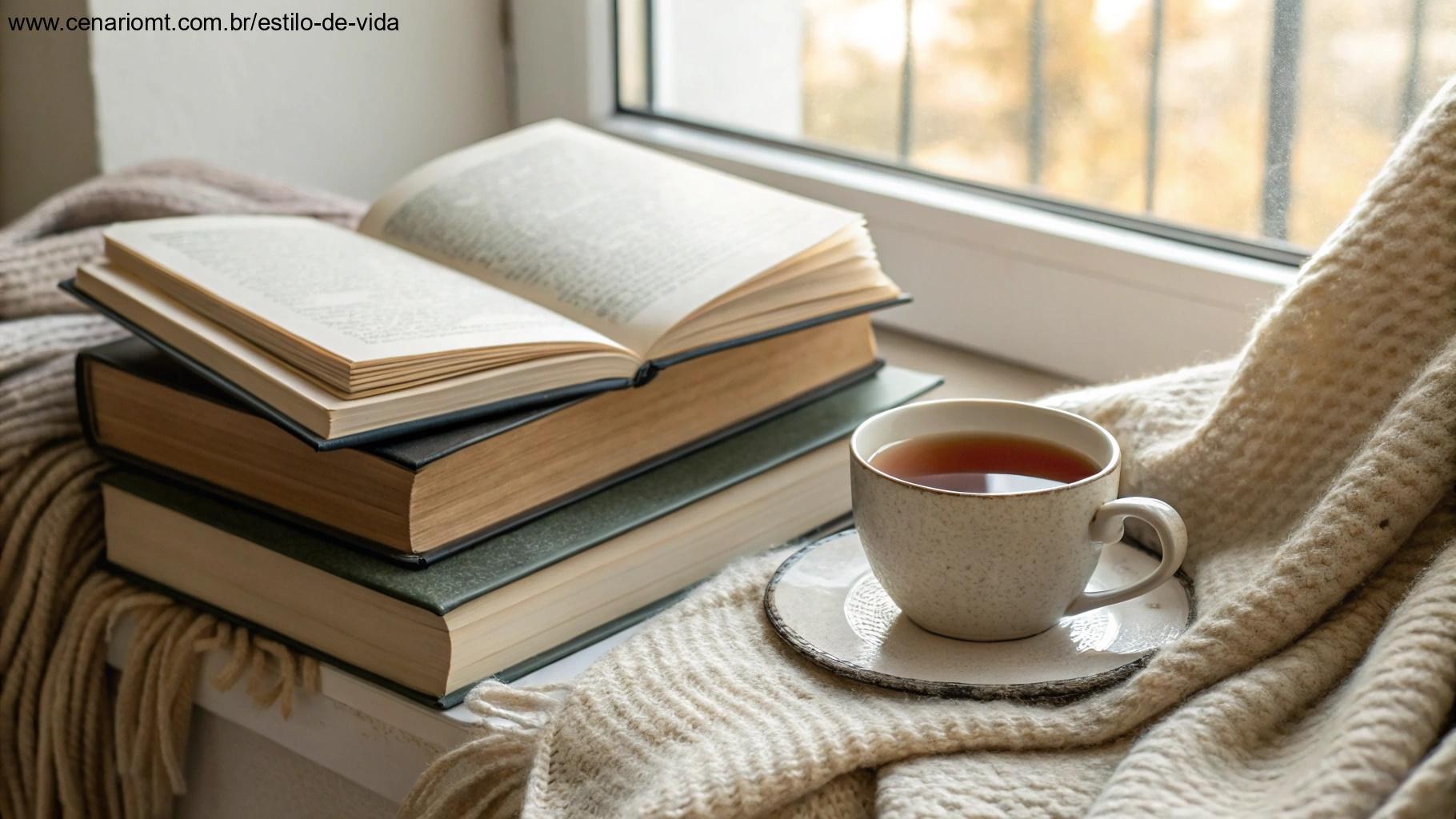 Cantinho de leitura aconchegante com livros espirituais e xícara de chá