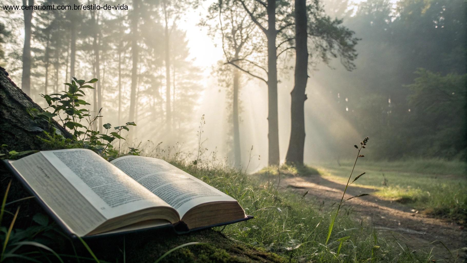 Livro de Salmos aberto em meio à natureza, representando conexão espiritual