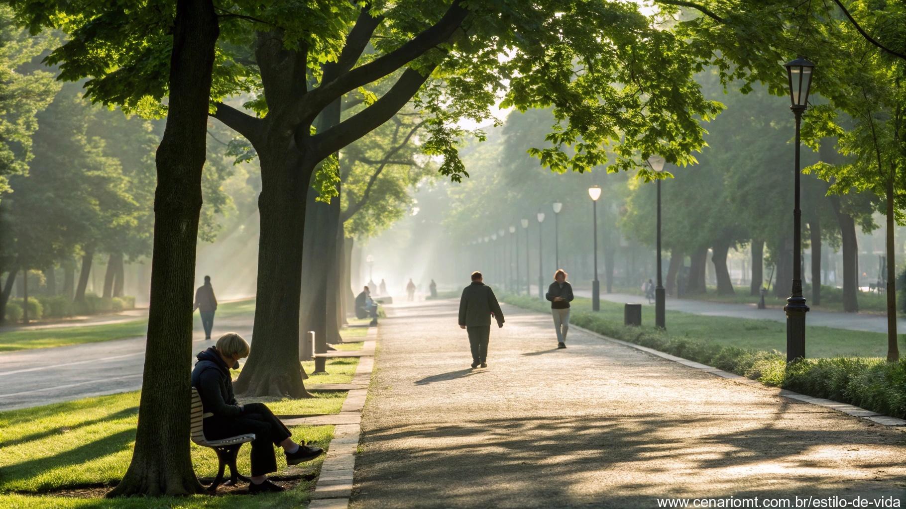 Pessoa lendo sob uma árvore em um parque urbano pela manhã