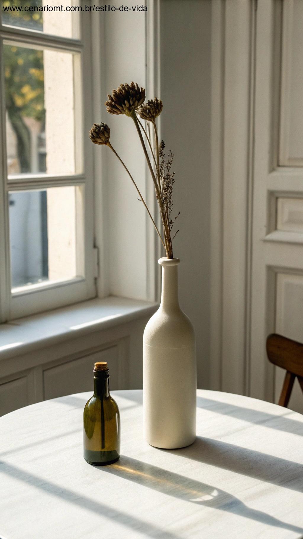 Frasco de azeite reutilizado como vaso minimalista