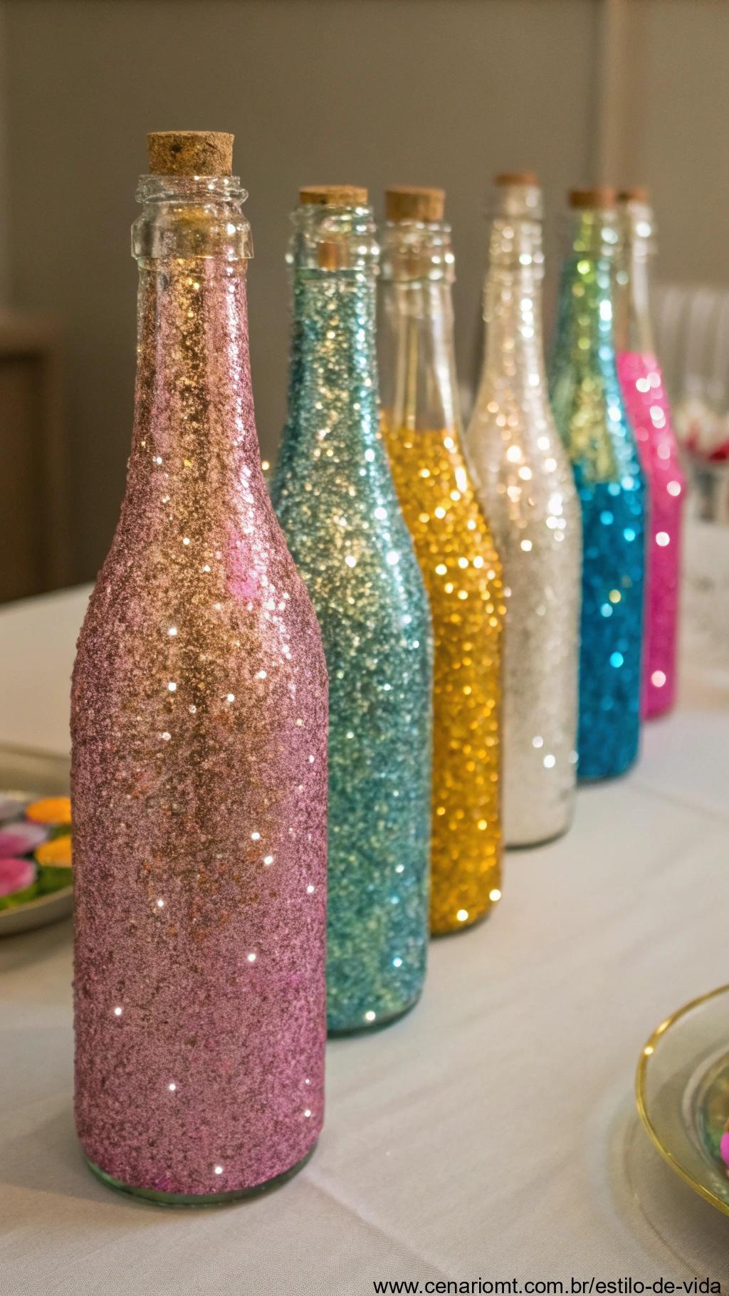 Frascos com glitter para decoração de festas
