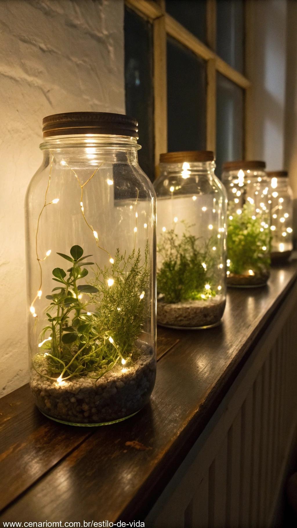 Frascos com luzes LED e plantas naturais