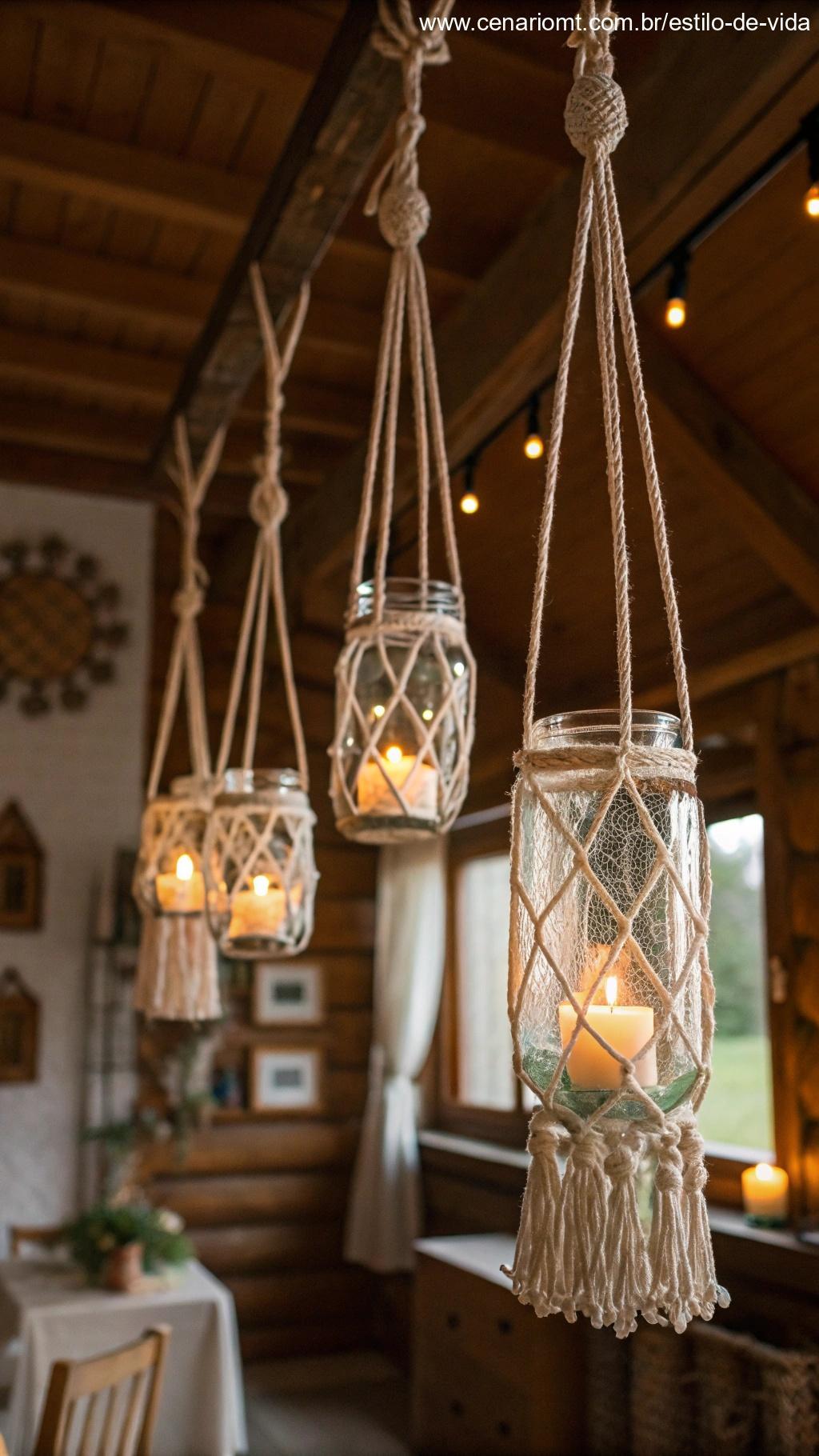 Frascos suspensos com suporte de macramê decorando o ambiente