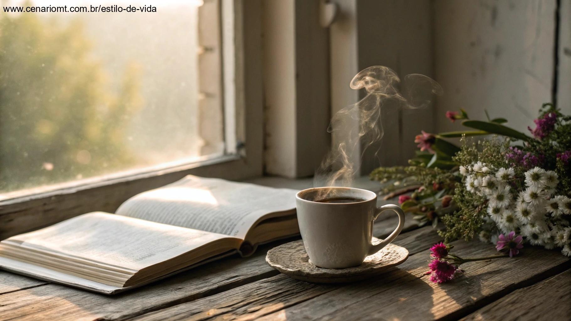 Bíblia aberta e café sobre uma mesa de madeira com luz suave