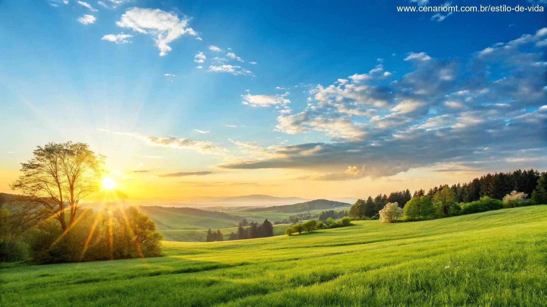 Cena vibrante e animadora da natureza, com céu azul claro e um nascer do sol radiante sobre um prado sereno, simbolizando bênçãos para uma quarta-feira maravilhosa.